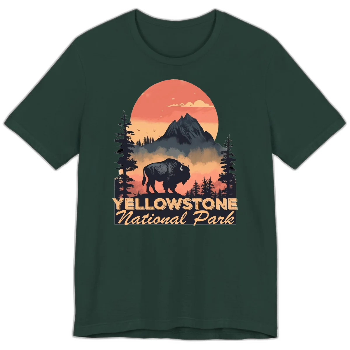 Yellowstone bison national park design: silhouette of a bison in misty forest with mountain peak and sunset sky in Forest