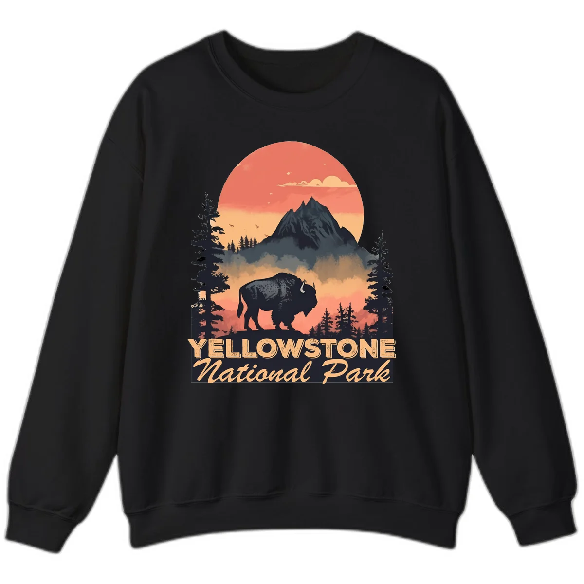 Yellowstone bison national park design: silhouette of a bison in misty forest with mountain peak and sunset sky in Black
