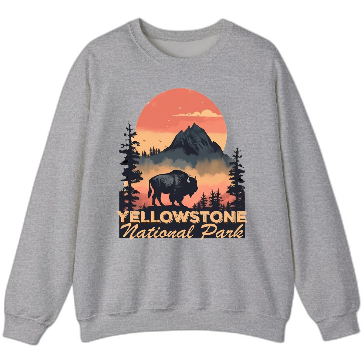 Yellowstone bison national park design: silhouette of a bison in misty forest with mountain peak and sunset sky in Sport Grey