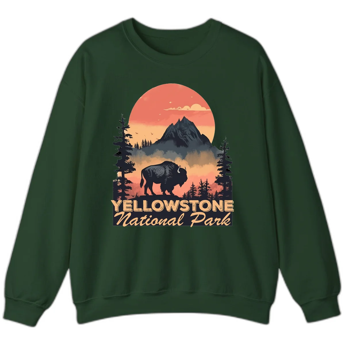 Yellowstone bison national park design: silhouette of a bison in misty forest with mountain peak and sunset sky in Forest Green