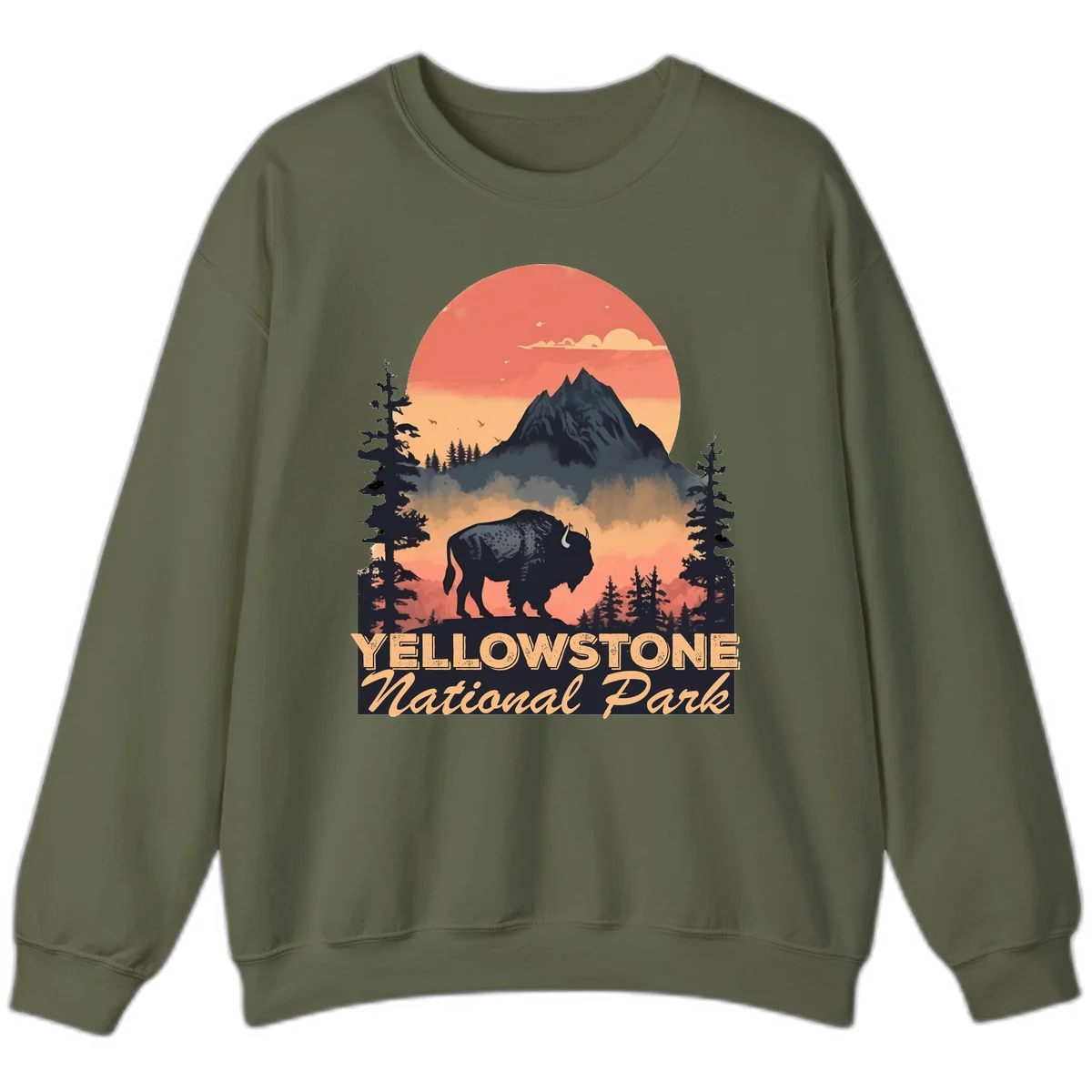 Yellowstone bison national park design: silhouette of a bison in misty forest with mountain peak and sunset sky in Military Green