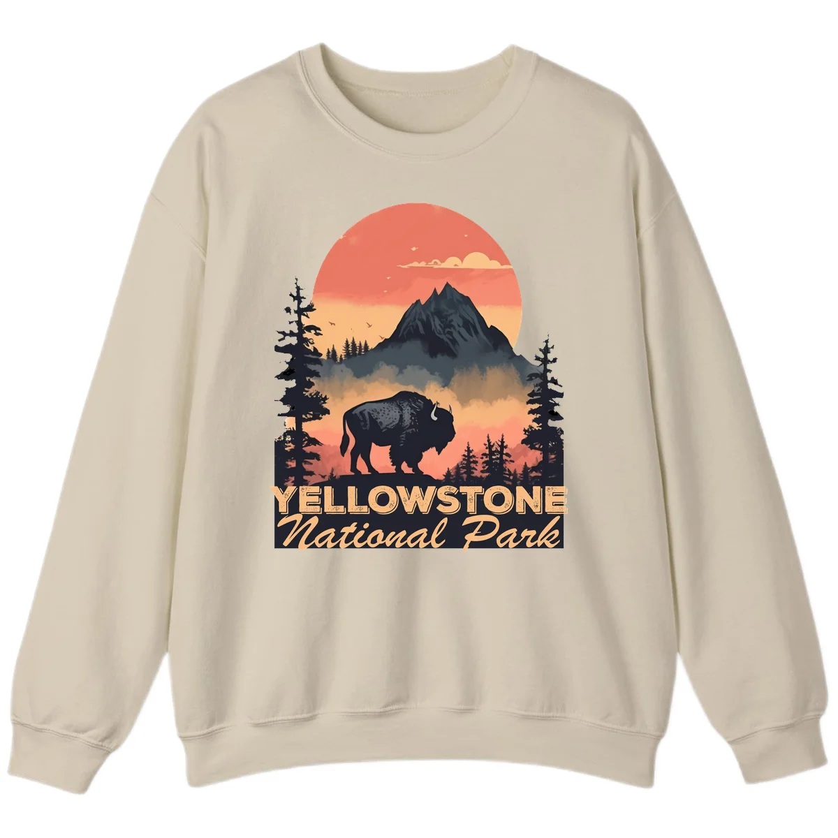 Yellowstone bison national park design: silhouette of a bison in misty forest with mountain peak and sunset sky in Sand