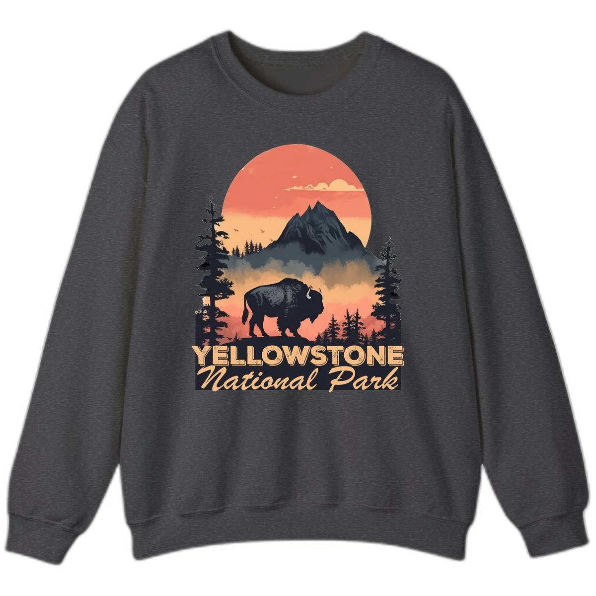 Yellowstone bison national park design: silhouette of a bison in misty forest with mountain peak and sunset sky in Dark Heather