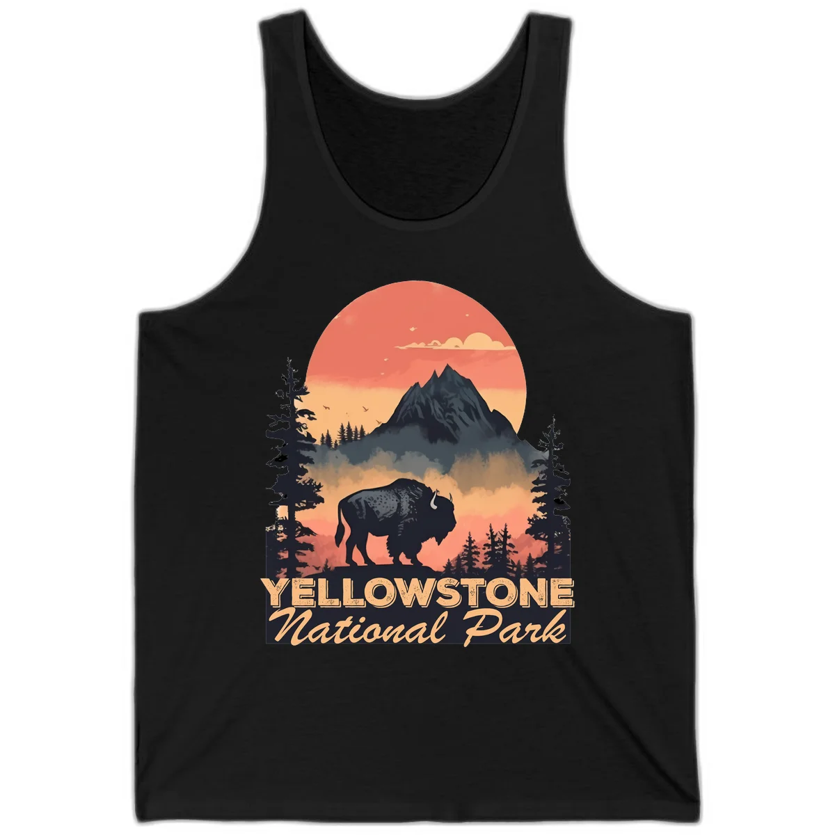 Yellowstone bison national park design: silhouette of a bison in misty forest with mountain peak and sunset sky in Black