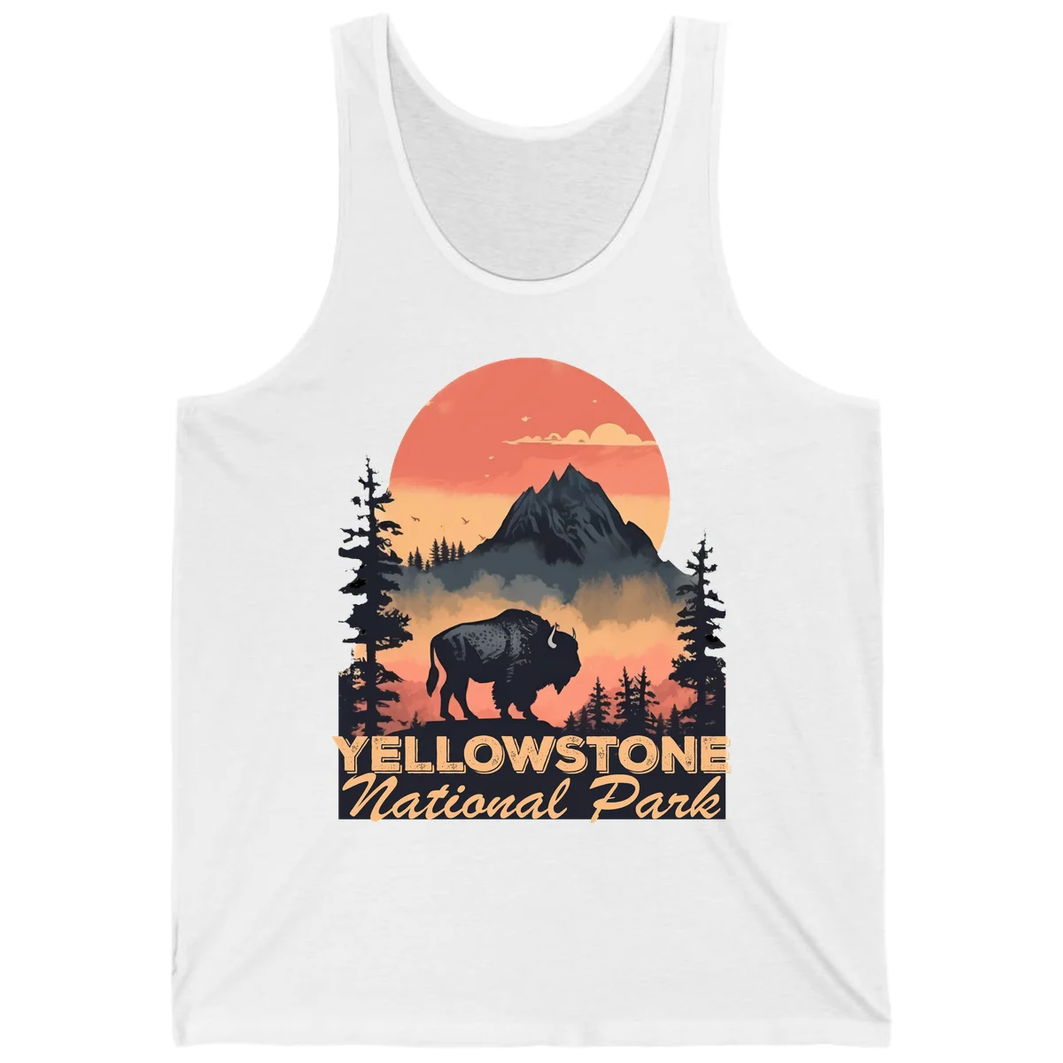 Yellowstone bison national park design: silhouette of a bison in misty forest with mountain peak and sunset sky in White
