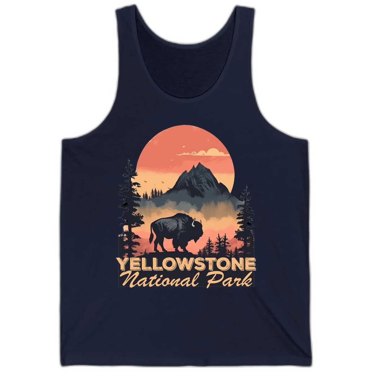 Yellowstone bison national park design: silhouette of a bison in misty forest with mountain peak and sunset sky in Navy