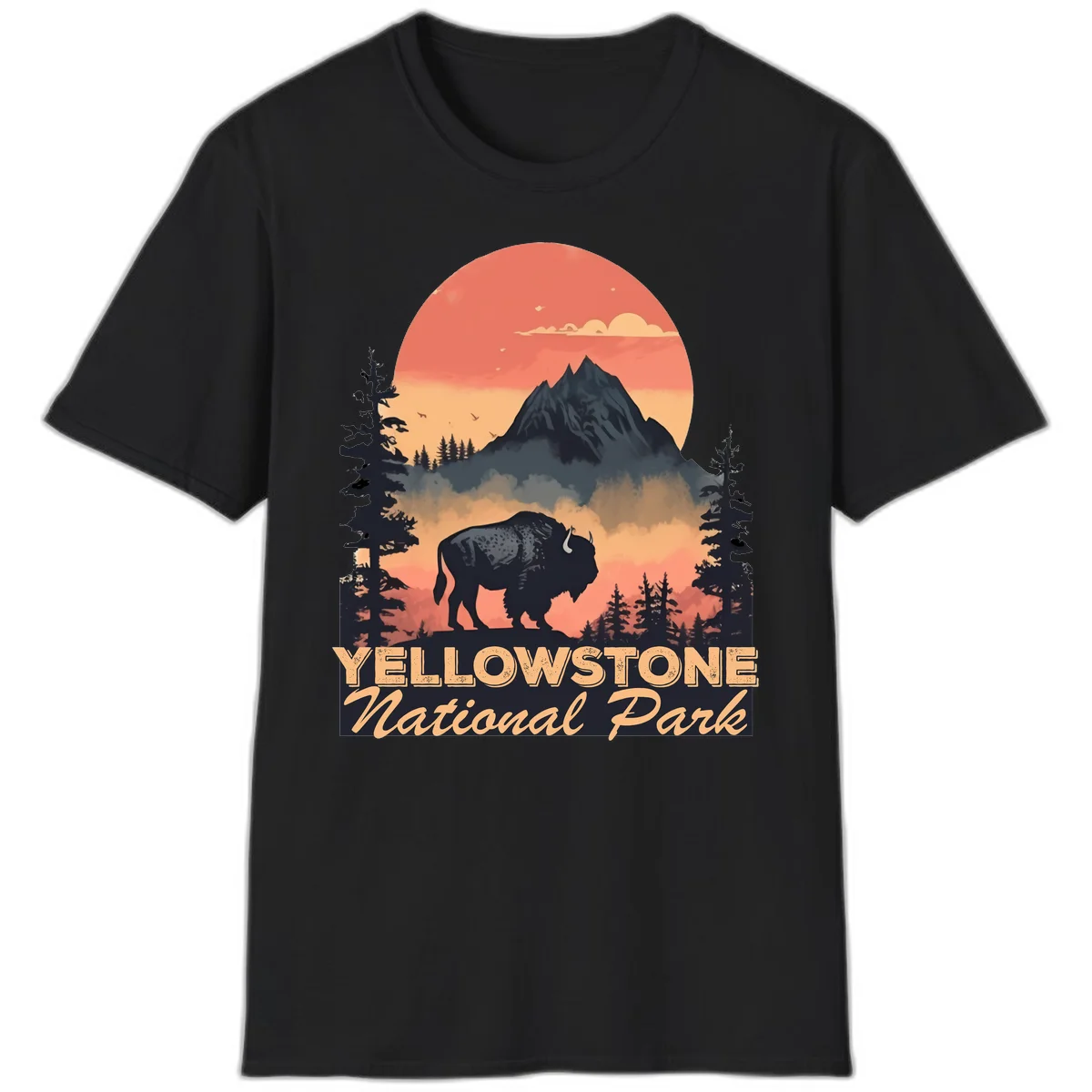 Yellowstone bison national park design: silhouette of a bison in misty forest with mountain peak and sunset sky in Black