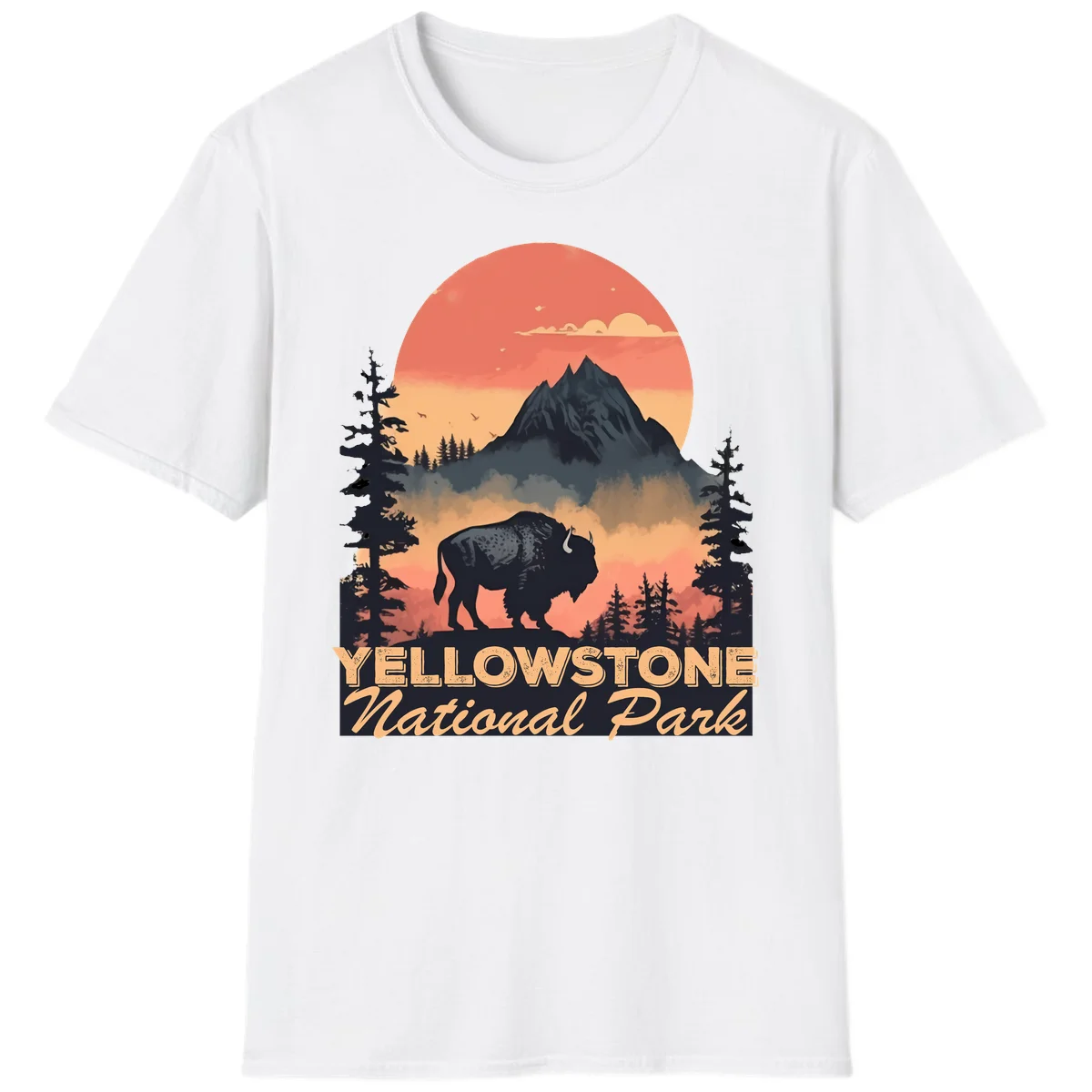 Yellowstone bison national park design: silhouette of a bison in misty forest with mountain peak and sunset sky in White