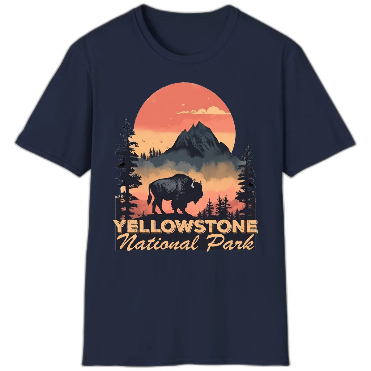 Yellowstone bison national park design: silhouette of a bison in misty forest with mountain peak and sunset sky in Navy
