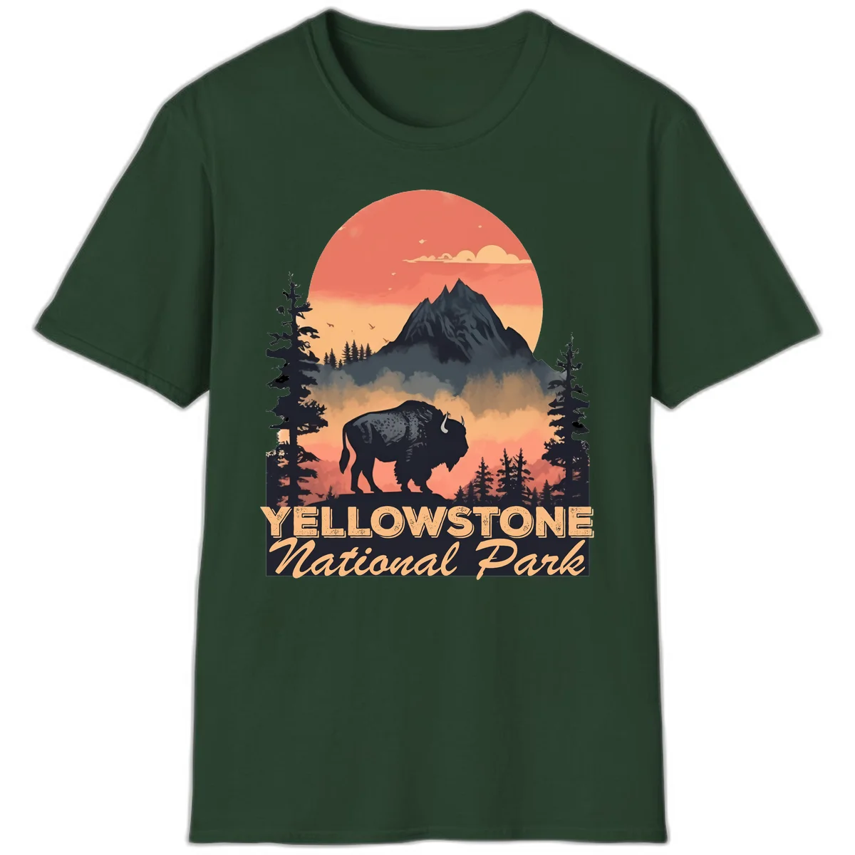 Yellowstone bison national park design: silhouette of a bison in misty forest with mountain peak and sunset sky in Forest Green