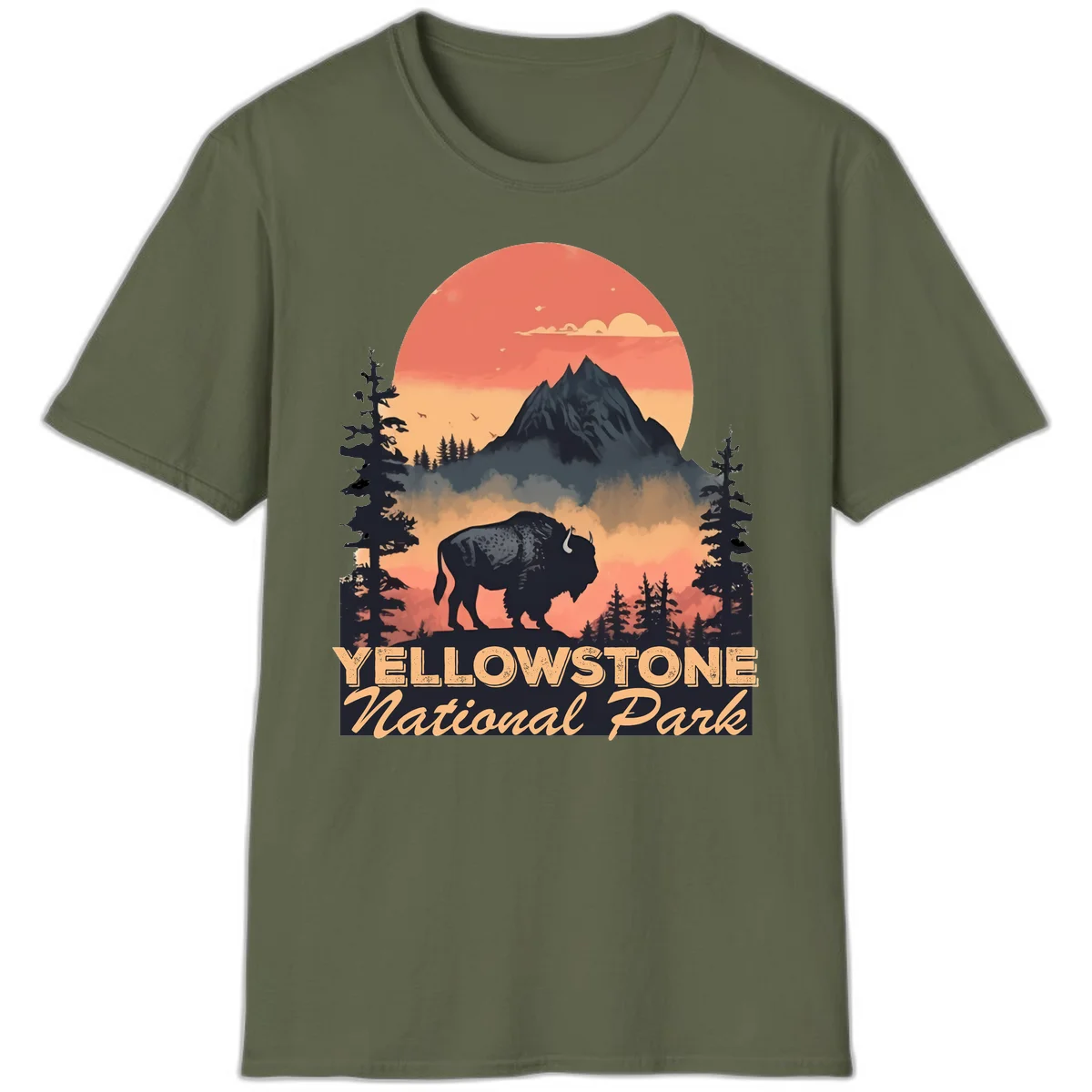 Yellowstone bison national park design: silhouette of a bison in misty forest with mountain peak and sunset sky in Military Green
