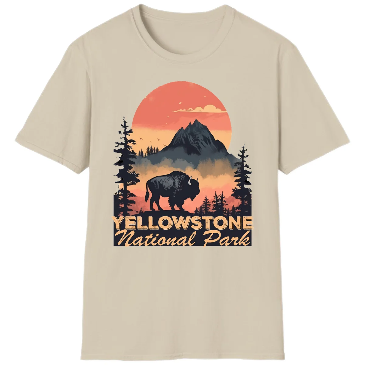 Yellowstone bison national park design: silhouette of a bison in misty forest with mountain peak and sunset sky in Sand