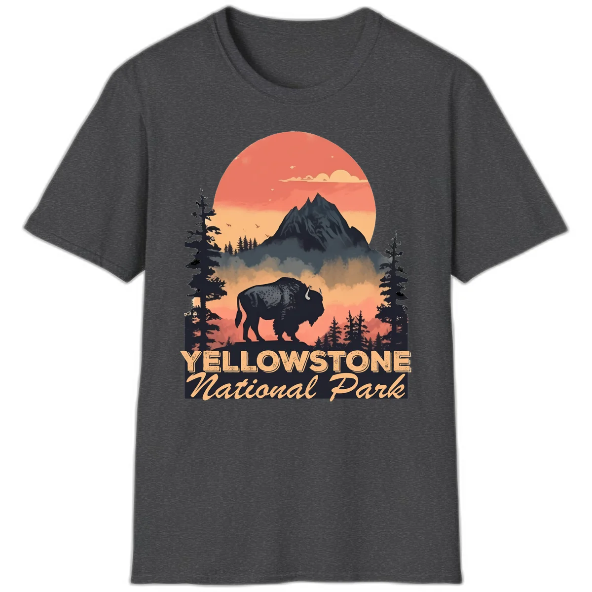 Yellowstone bison national park design: silhouette of a bison in misty forest with mountain peak and sunset sky in Dark Heather