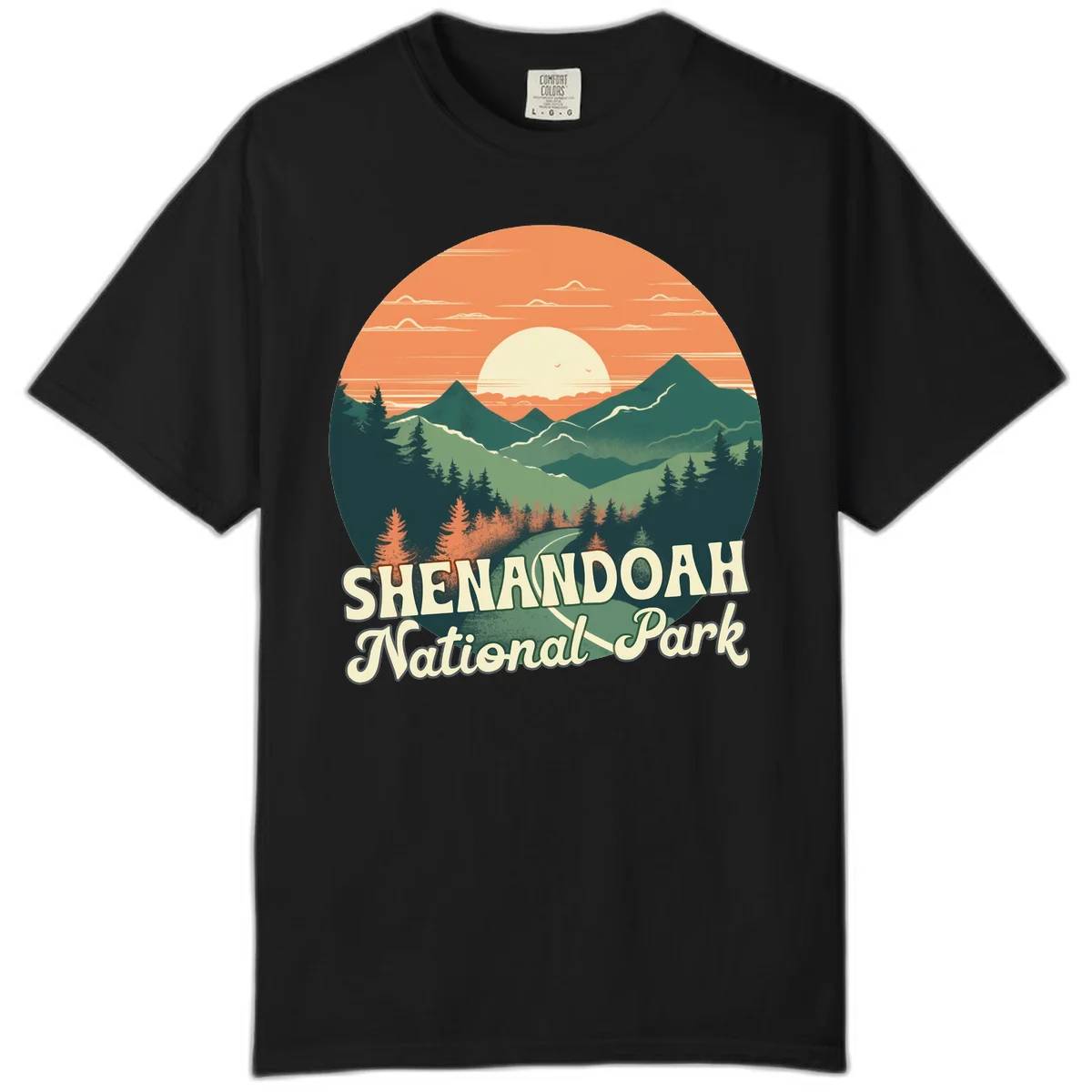 Vintage-style illustration of Shenandoah National Park with layered mountains, evergreen forests, and a large orange sunset sky with text reading Shenandoah National Park. in Black
