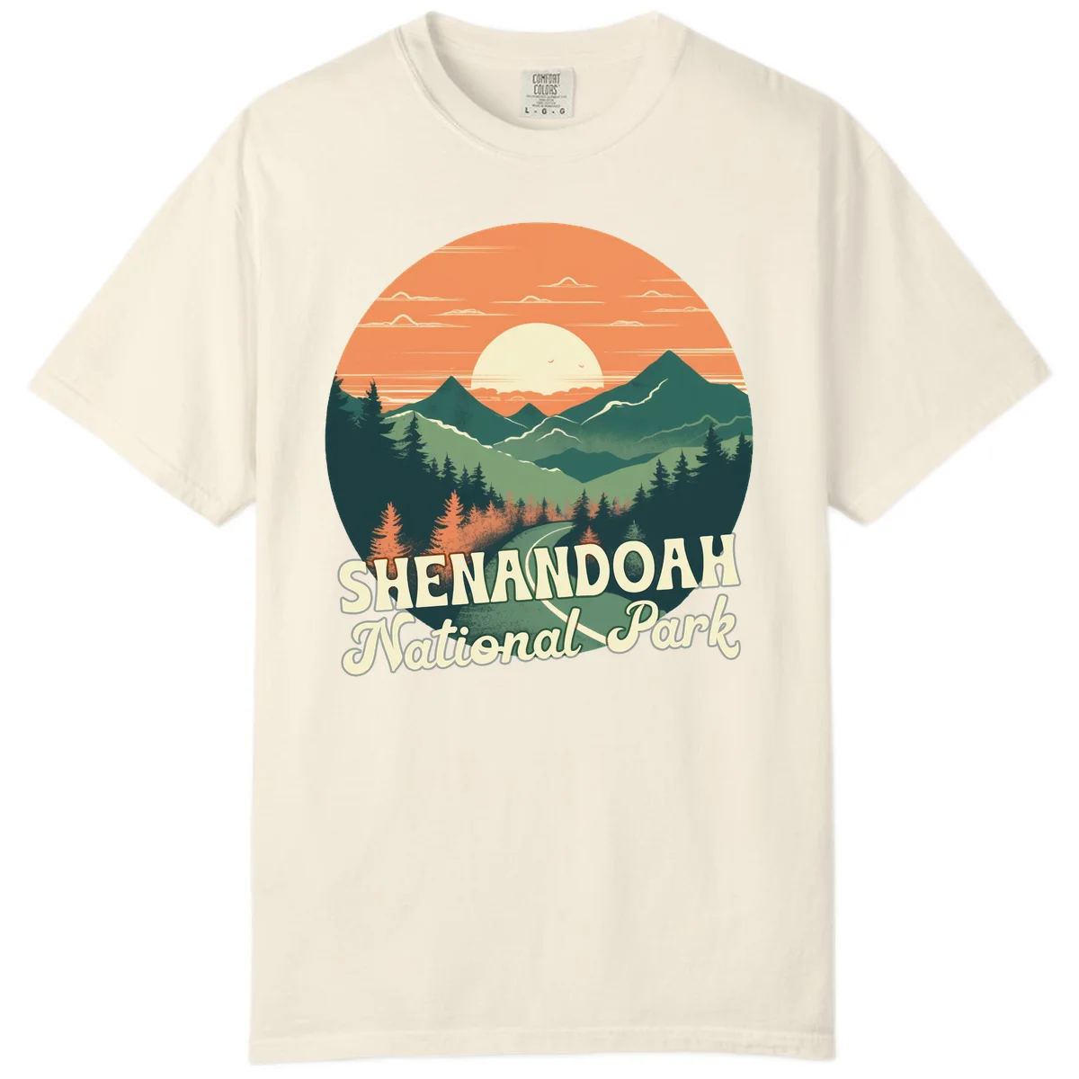 Vintage-style illustration of Shenandoah National Park with layered mountains, evergreen forests, and a large orange sunset sky with text reading Shenandoah National Park. in Ivory