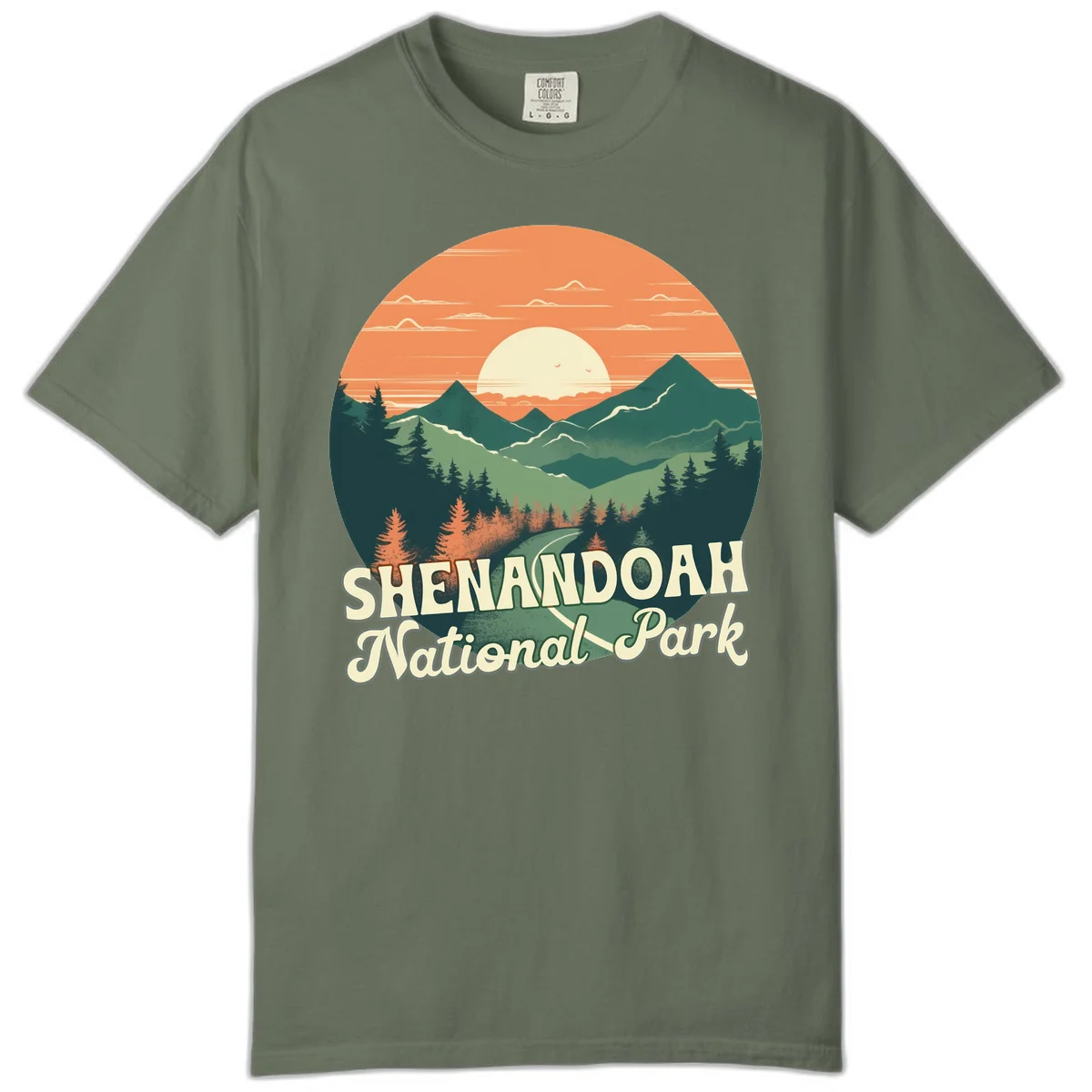 Vintage-style illustration of Shenandoah National Park with layered mountains, evergreen forests, and a large orange sunset sky with text reading Shenandoah National Park. in Moss