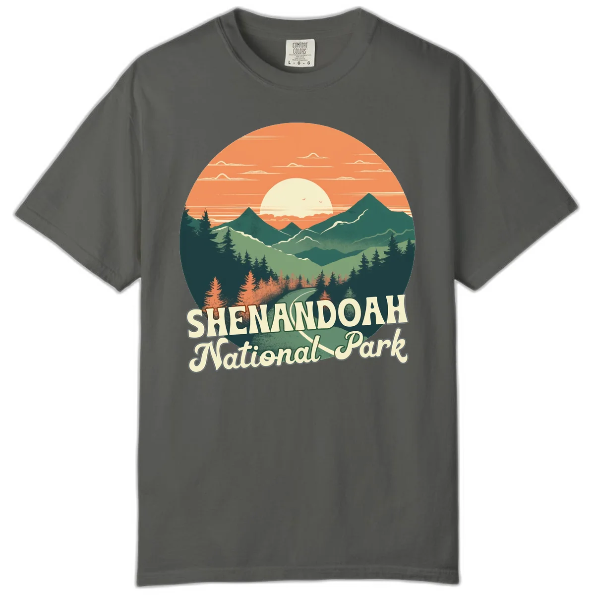 Vintage-style illustration of Shenandoah National Park with layered mountains, evergreen forests, and a large orange sunset sky with text reading Shenandoah National Park. in Pepper