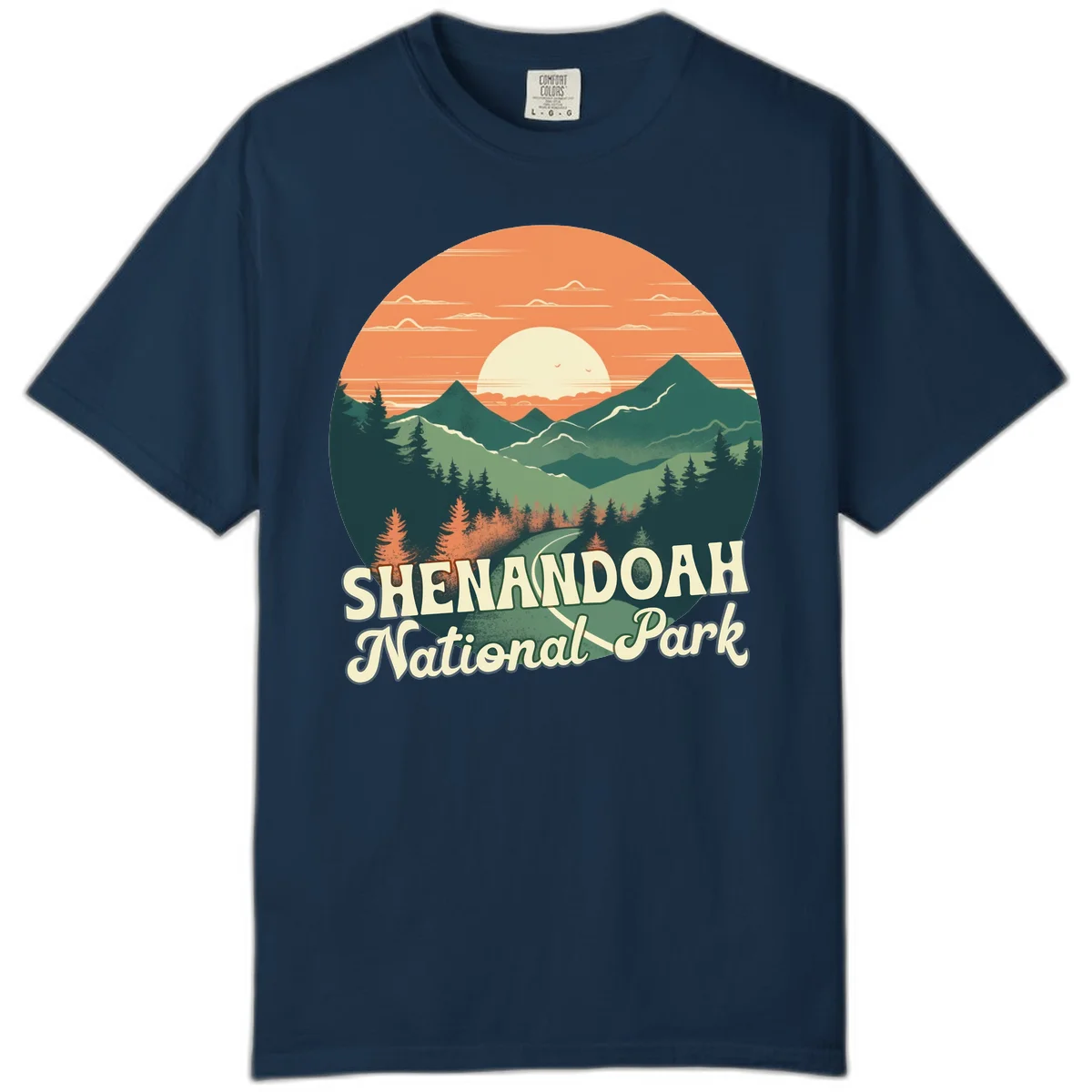 Vintage-style illustration of Shenandoah National Park with layered mountains, evergreen forests, and a large orange sunset sky with text reading Shenandoah National Park. in True Navy
