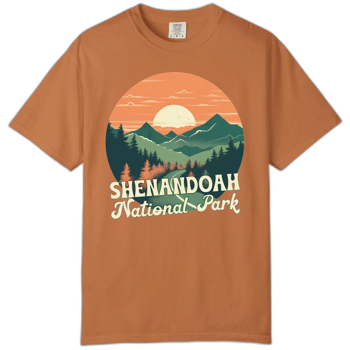 Vintage-style illustration of Shenandoah National Park with layered mountains, evergreen forests, and a large orange sunset sky with text reading Shenandoah National Park. in Yam