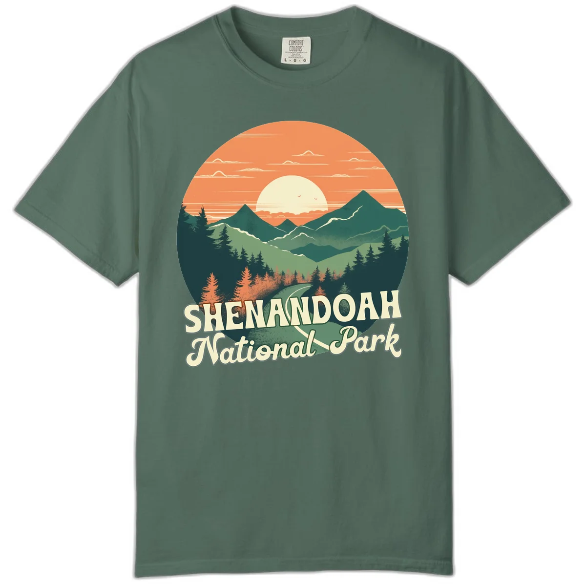 Vintage-style illustration of Shenandoah National Park with layered mountains, evergreen forests, and a large orange sunset sky with text reading Shenandoah National Park. in Blue Spruce
