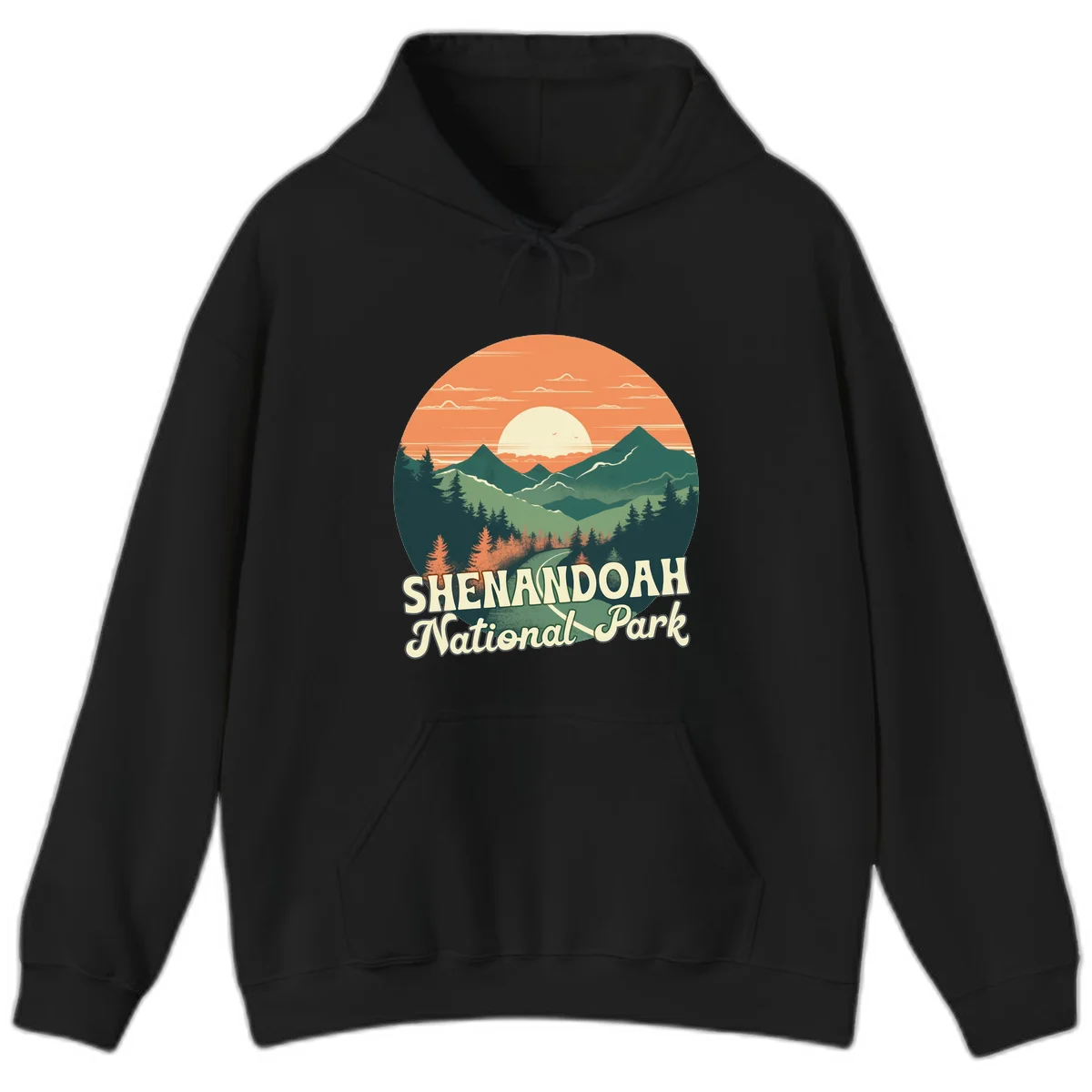 Vintage-style illustration of Shenandoah National Park with layered mountains, evergreen forests, and a large orange sunset sky with text reading Shenandoah National Park. in Black