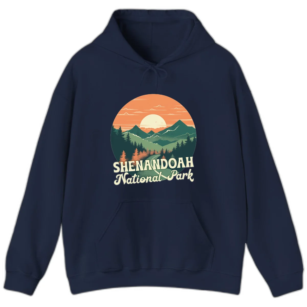 Vintage-style illustration of Shenandoah National Park with layered mountains, evergreen forests, and a large orange sunset sky with text reading Shenandoah National Park. in Navy
