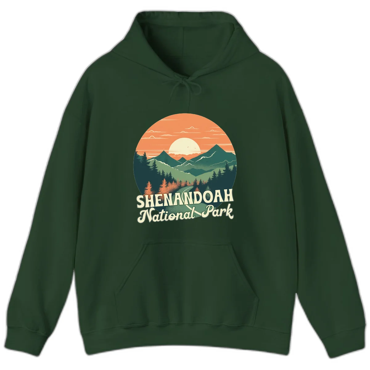 Vintage-style illustration of Shenandoah National Park with layered mountains, evergreen forests, and a large orange sunset sky with text reading Shenandoah National Park. in Forest Green