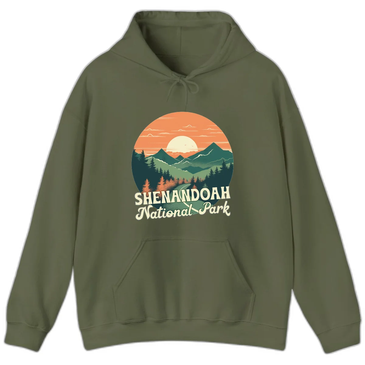 Vintage-style illustration of Shenandoah National Park with layered mountains, evergreen forests, and a large orange sunset sky with text reading Shenandoah National Park. in Military Green