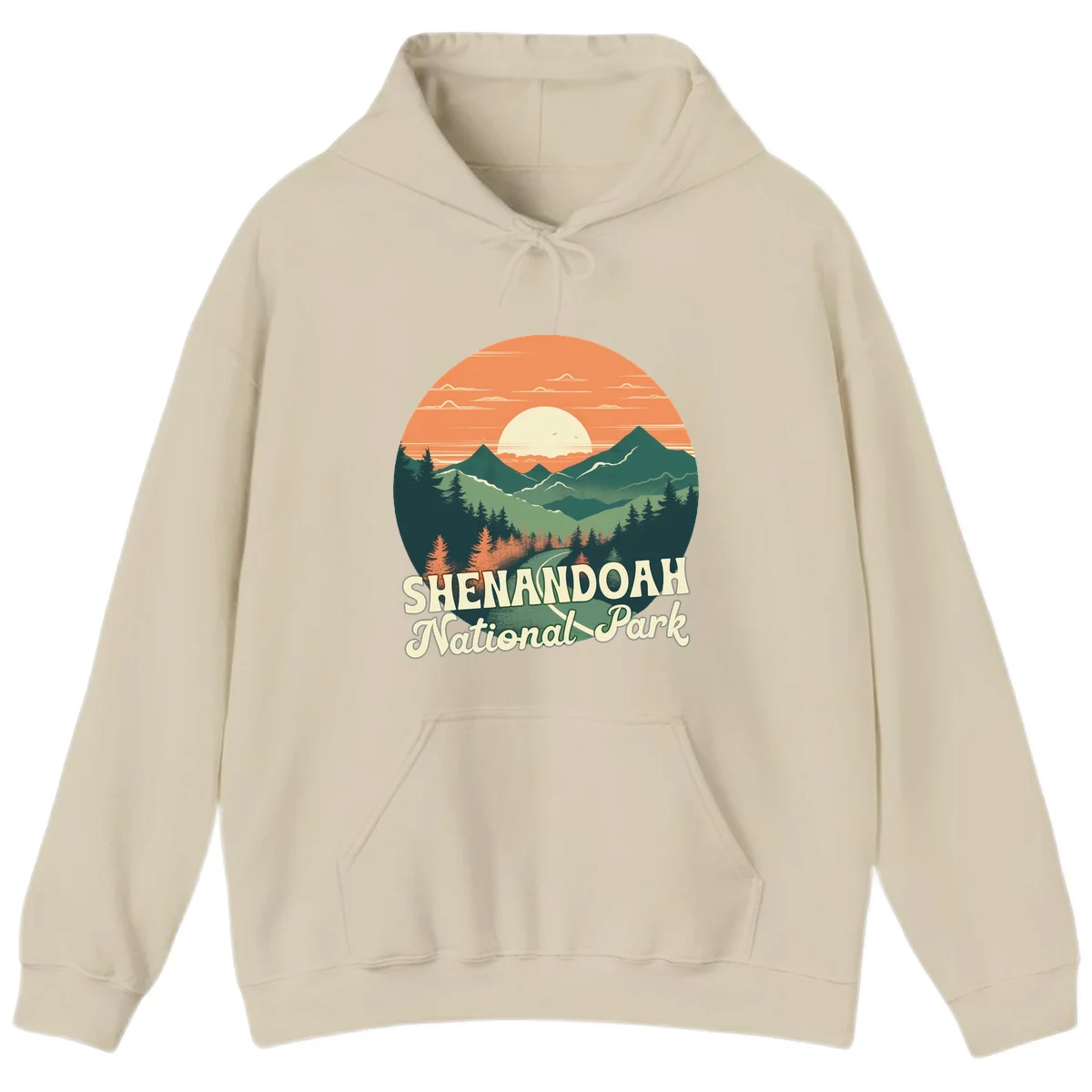 Vintage-style illustration of Shenandoah National Park with layered mountains, evergreen forests, and a large orange sunset sky with text reading Shenandoah National Park. in Sand