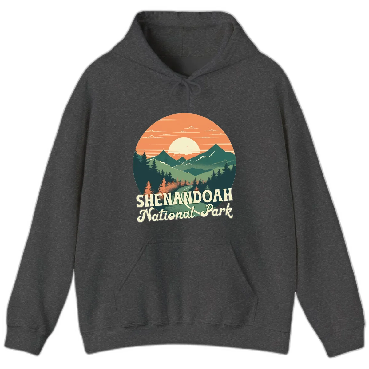 Vintage-style illustration of Shenandoah National Park with layered mountains, evergreen forests, and a large orange sunset sky with text reading Shenandoah National Park. in Dark Heather