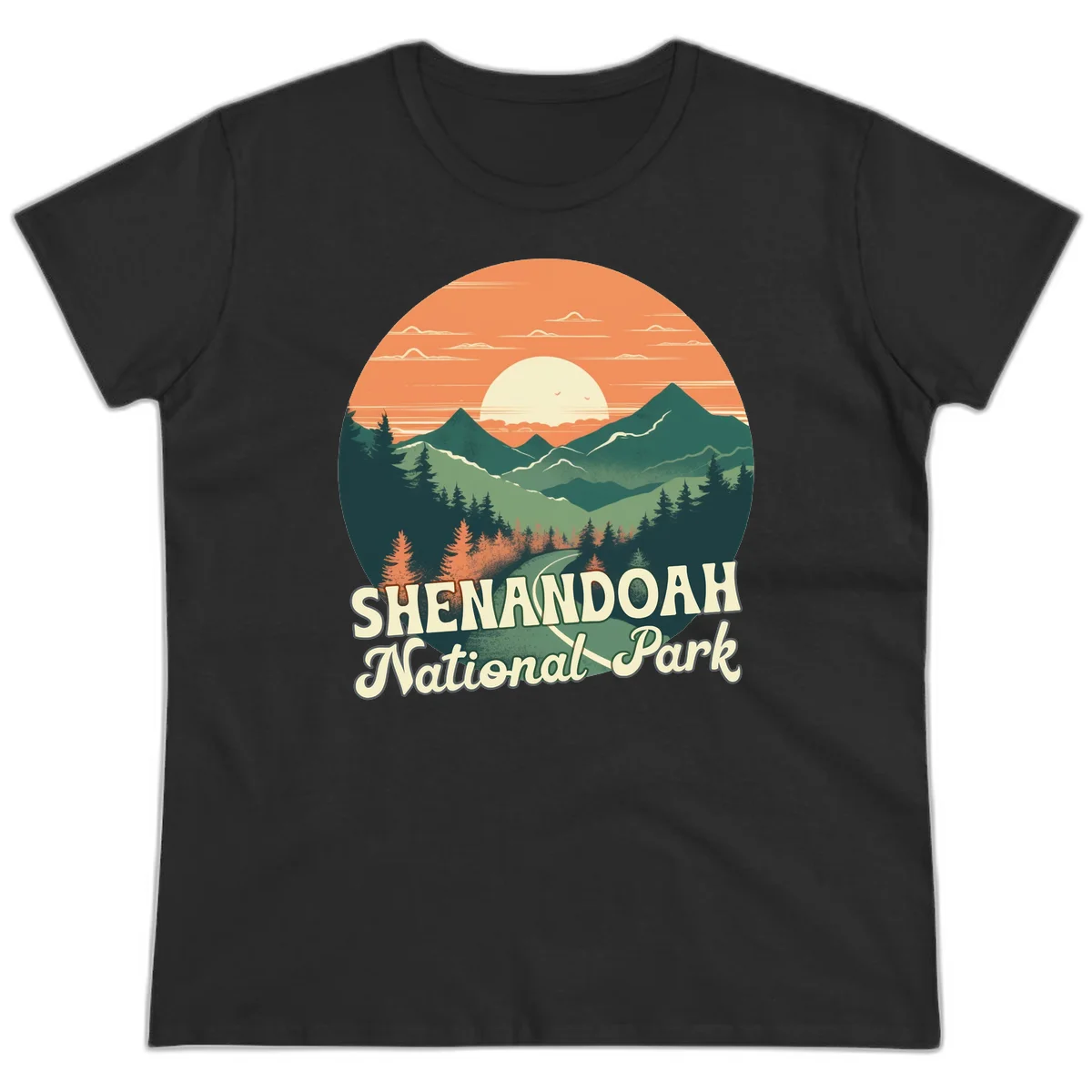 Vintage-style illustration of Shenandoah National Park with layered mountains, evergreen forests, and a large orange sunset sky with text reading Shenandoah National Park. in Black