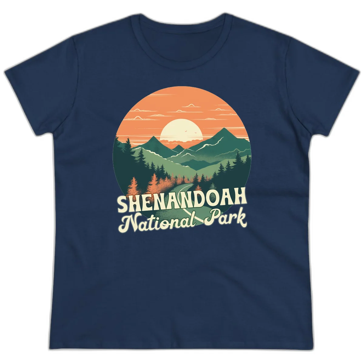 Vintage-style illustration of Shenandoah National Park with layered mountains, evergreen forests, and a large orange sunset sky with text reading Shenandoah National Park. in Navy
