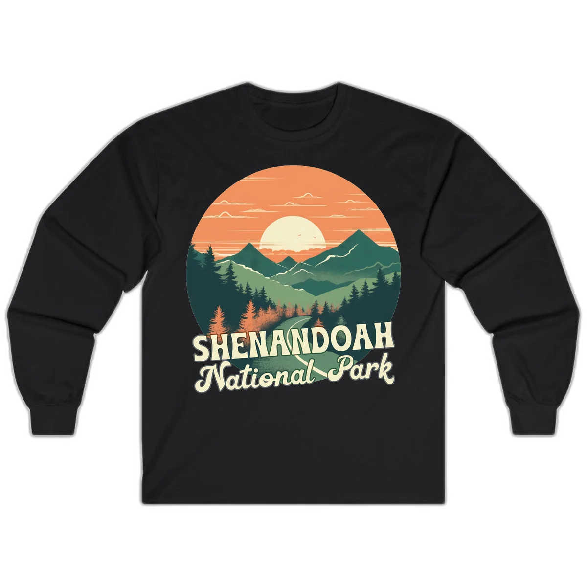 Vintage-style illustration of Shenandoah National Park with layered mountains, evergreen forests, and a large orange sunset sky with text reading Shenandoah National Park. in Black