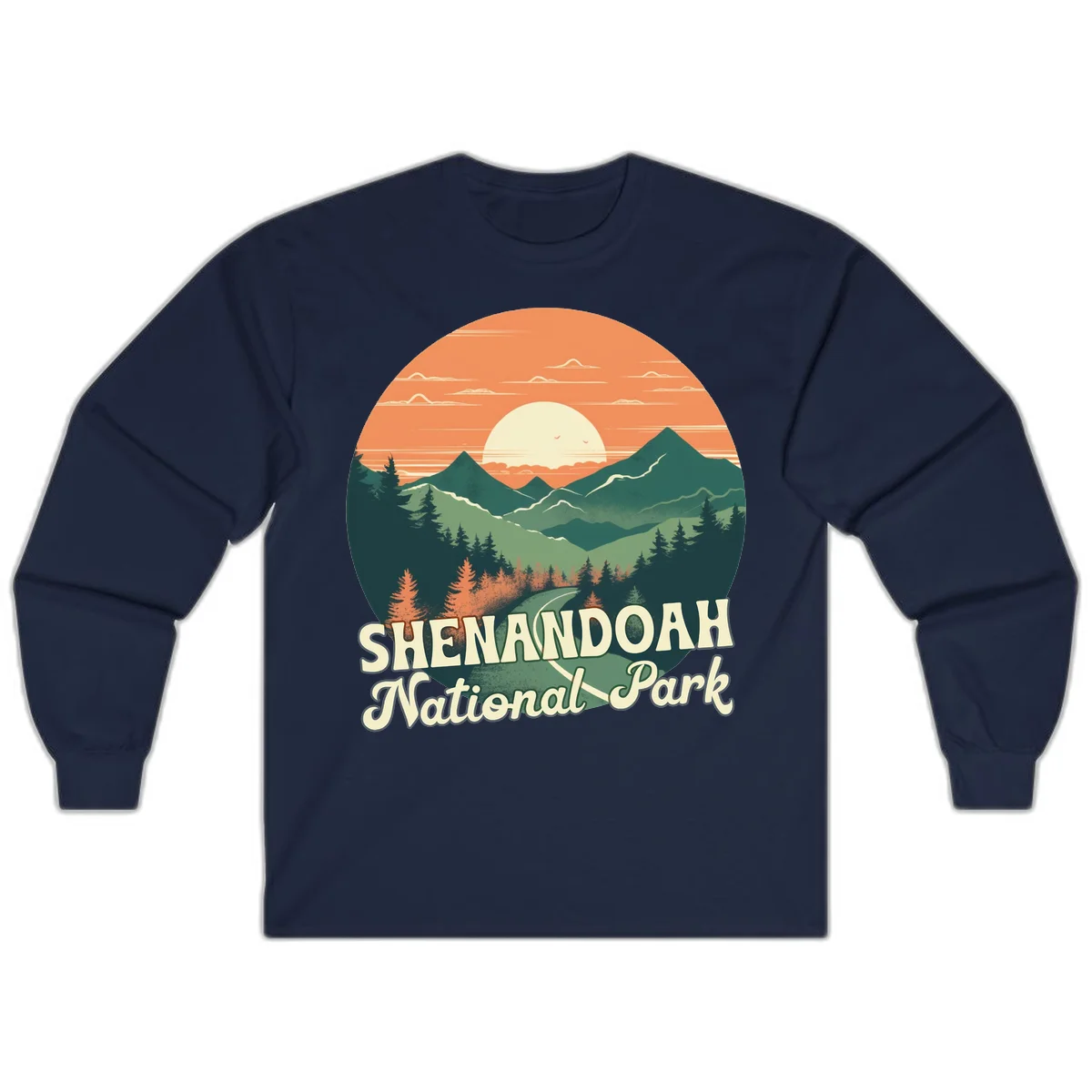 Vintage-style illustration of Shenandoah National Park with layered mountains, evergreen forests, and a large orange sunset sky with text reading Shenandoah National Park. in Navy