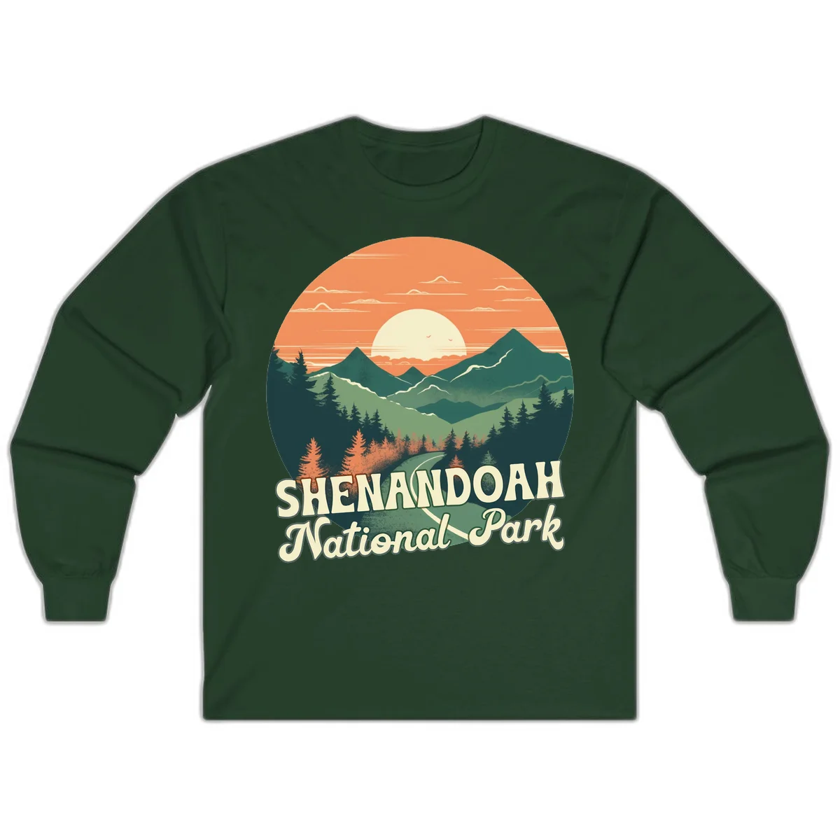 Vintage-style illustration of Shenandoah National Park with layered mountains, evergreen forests, and a large orange sunset sky with text reading Shenandoah National Park. in Forest Green