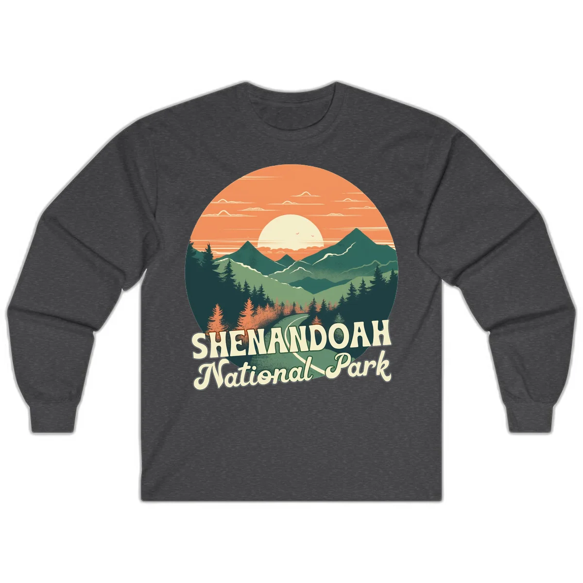 Vintage-style illustration of Shenandoah National Park with layered mountains, evergreen forests, and a large orange sunset sky with text reading Shenandoah National Park. in Dark Heather