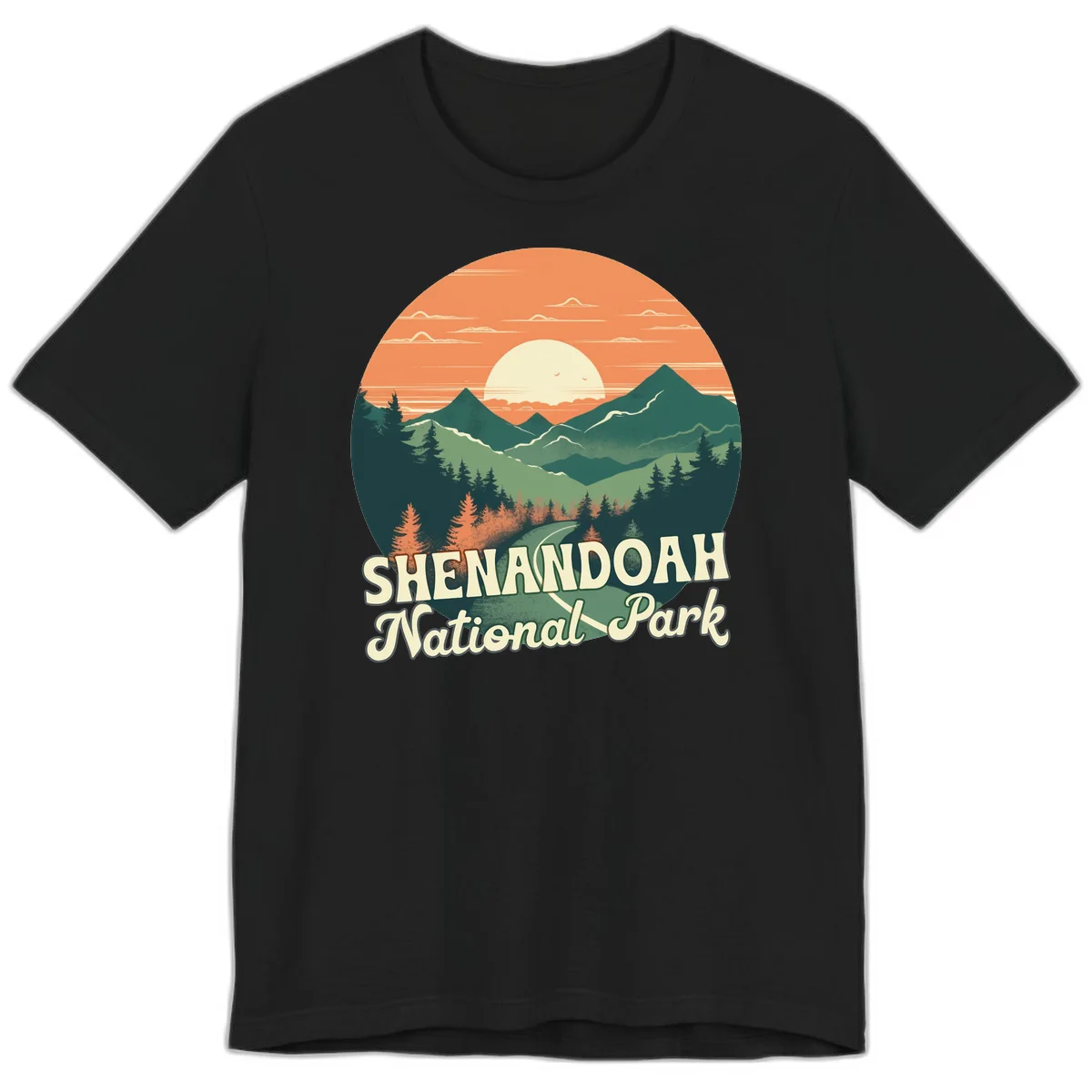 Vintage-style illustration of Shenandoah National Park with layered mountains, evergreen forests, and a large orange sunset sky with text reading Shenandoah National Park. in Black