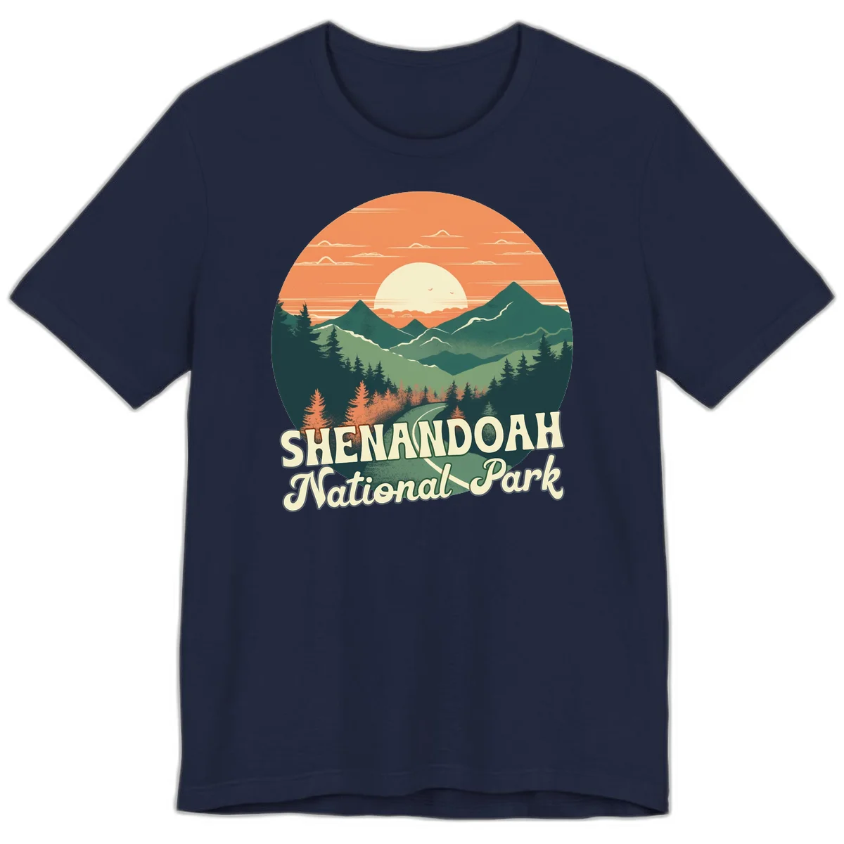 Vintage-style illustration of Shenandoah National Park with layered mountains, evergreen forests, and a large orange sunset sky with text reading Shenandoah National Park. in Navy