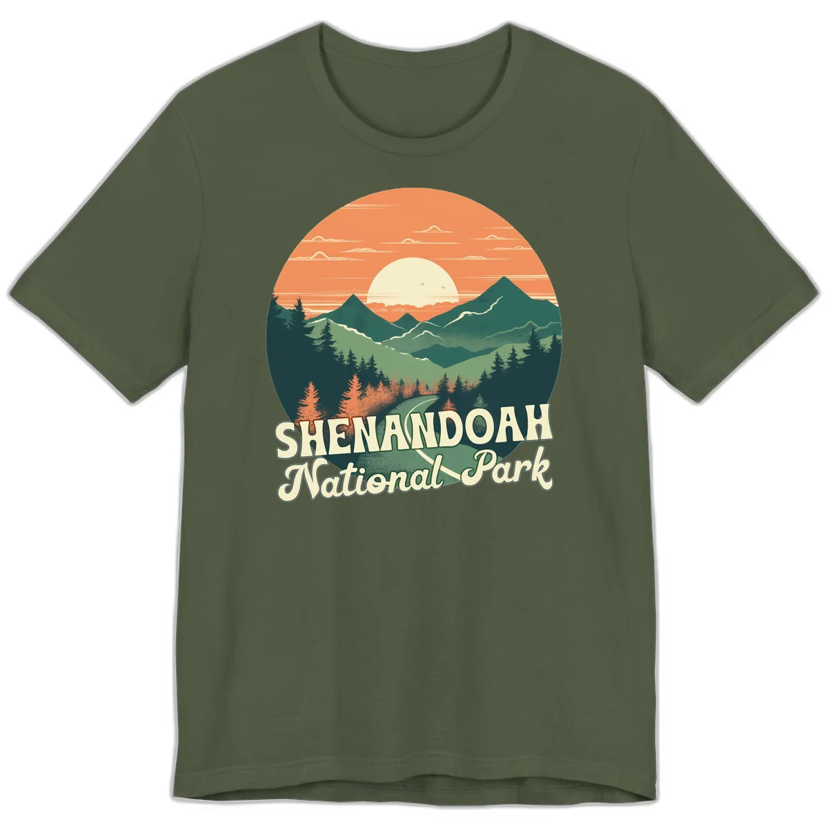 Vintage-style illustration of Shenandoah National Park with layered mountains, evergreen forests, and a large orange sunset sky with text reading Shenandoah National Park. in Military Green