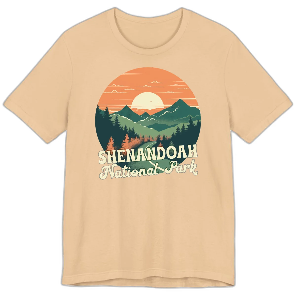 Vintage-style illustration of Shenandoah National Park with layered mountains, evergreen forests, and a large orange sunset sky with text reading Shenandoah National Park. in Sand Dune