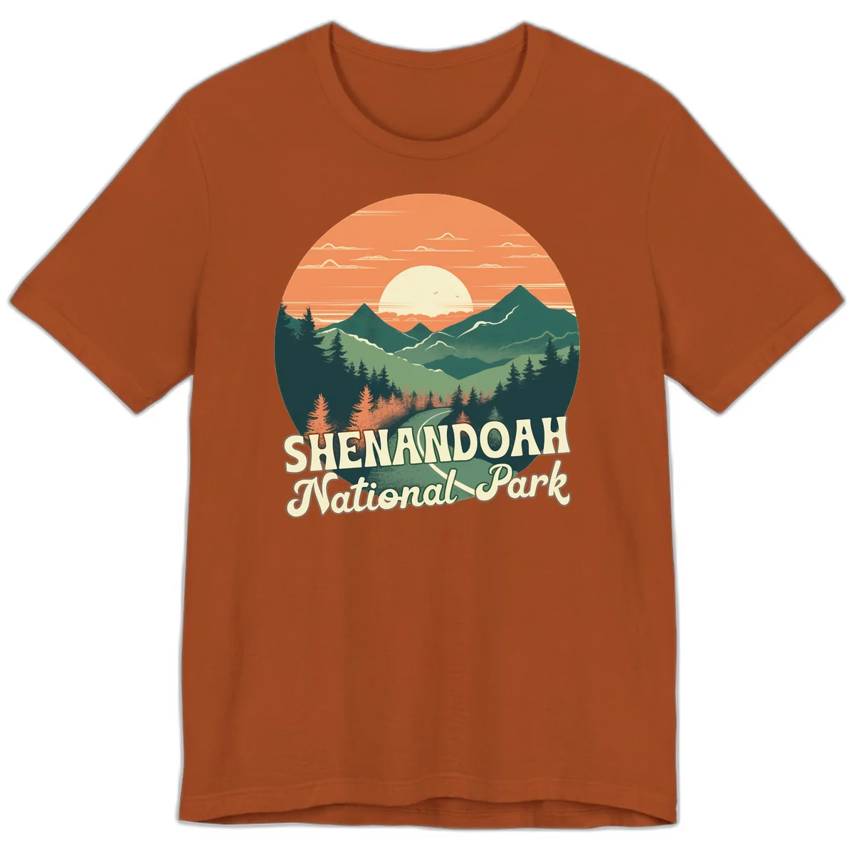 Vintage-style illustration of Shenandoah National Park with layered mountains, evergreen forests, and a large orange sunset sky with text reading Shenandoah National Park. in Autumn