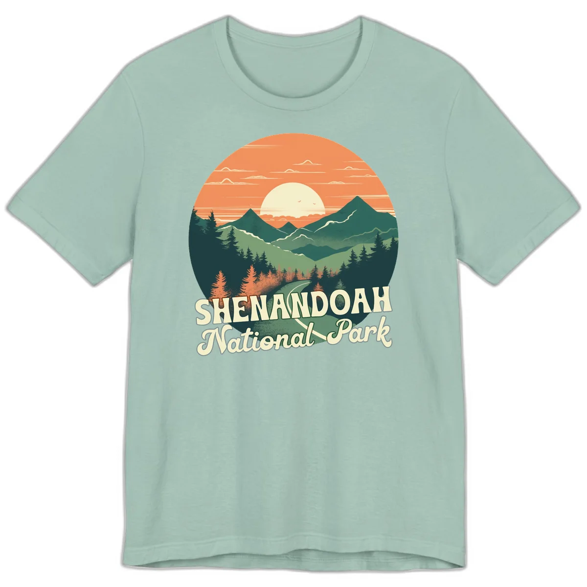 Vintage-style illustration of Shenandoah National Park with layered mountains, evergreen forests, and a large orange sunset sky with text reading Shenandoah National Park. in Dusty Blue