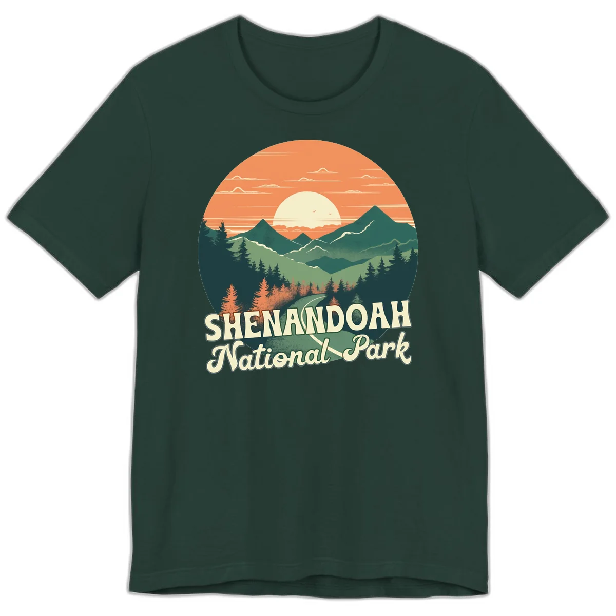 Vintage-style illustration of Shenandoah National Park with layered mountains, evergreen forests, and a large orange sunset sky with text reading Shenandoah National Park. in Forest