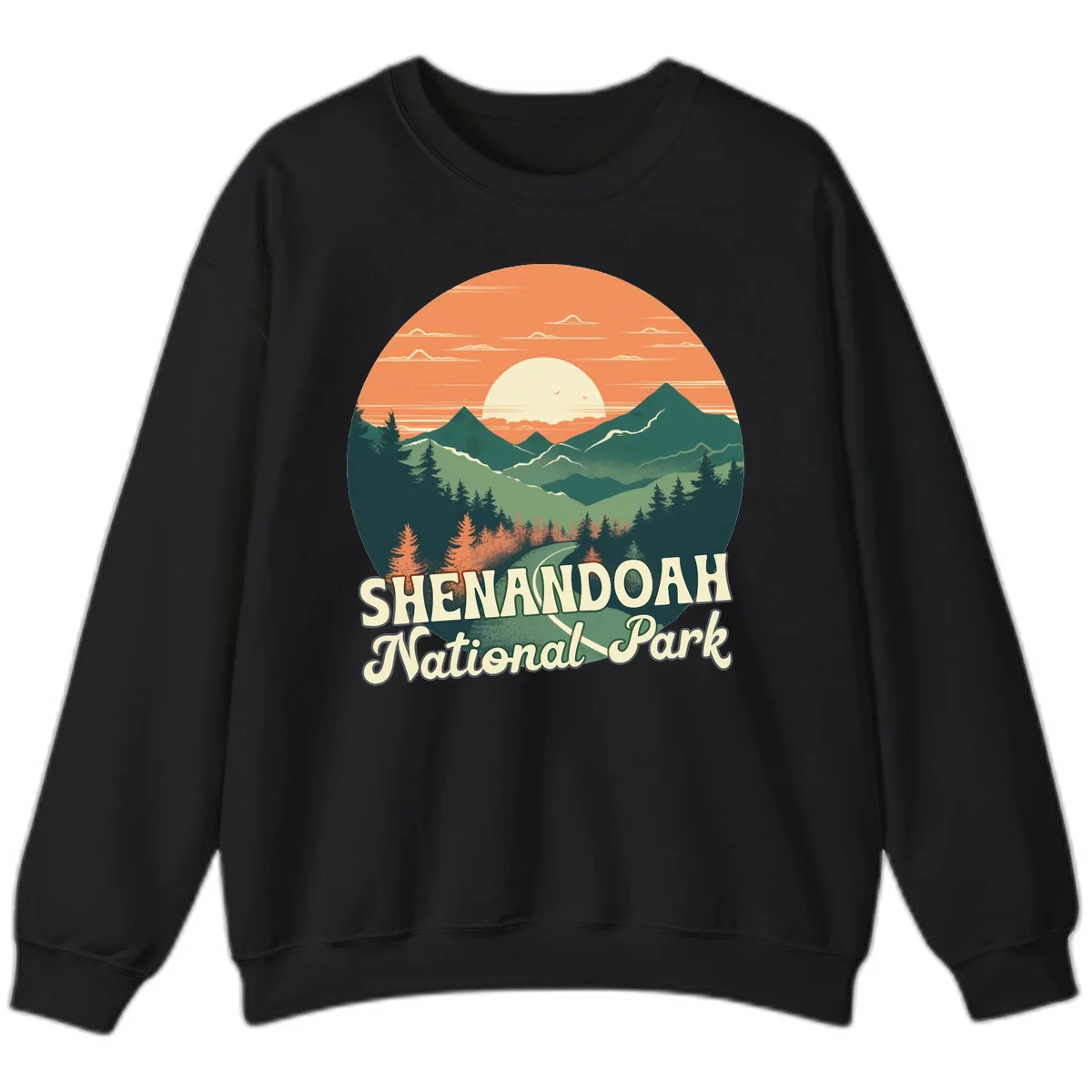 Vintage-style illustration of Shenandoah National Park with layered mountains, evergreen forests, and a large orange sunset sky with text reading Shenandoah National Park. in Black