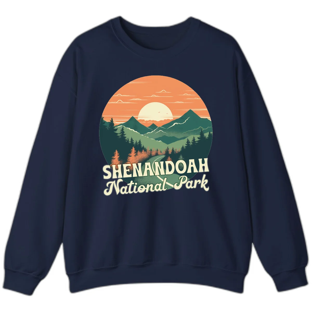 Vintage-style illustration of Shenandoah National Park with layered mountains, evergreen forests, and a large orange sunset sky with text reading Shenandoah National Park. in Navy