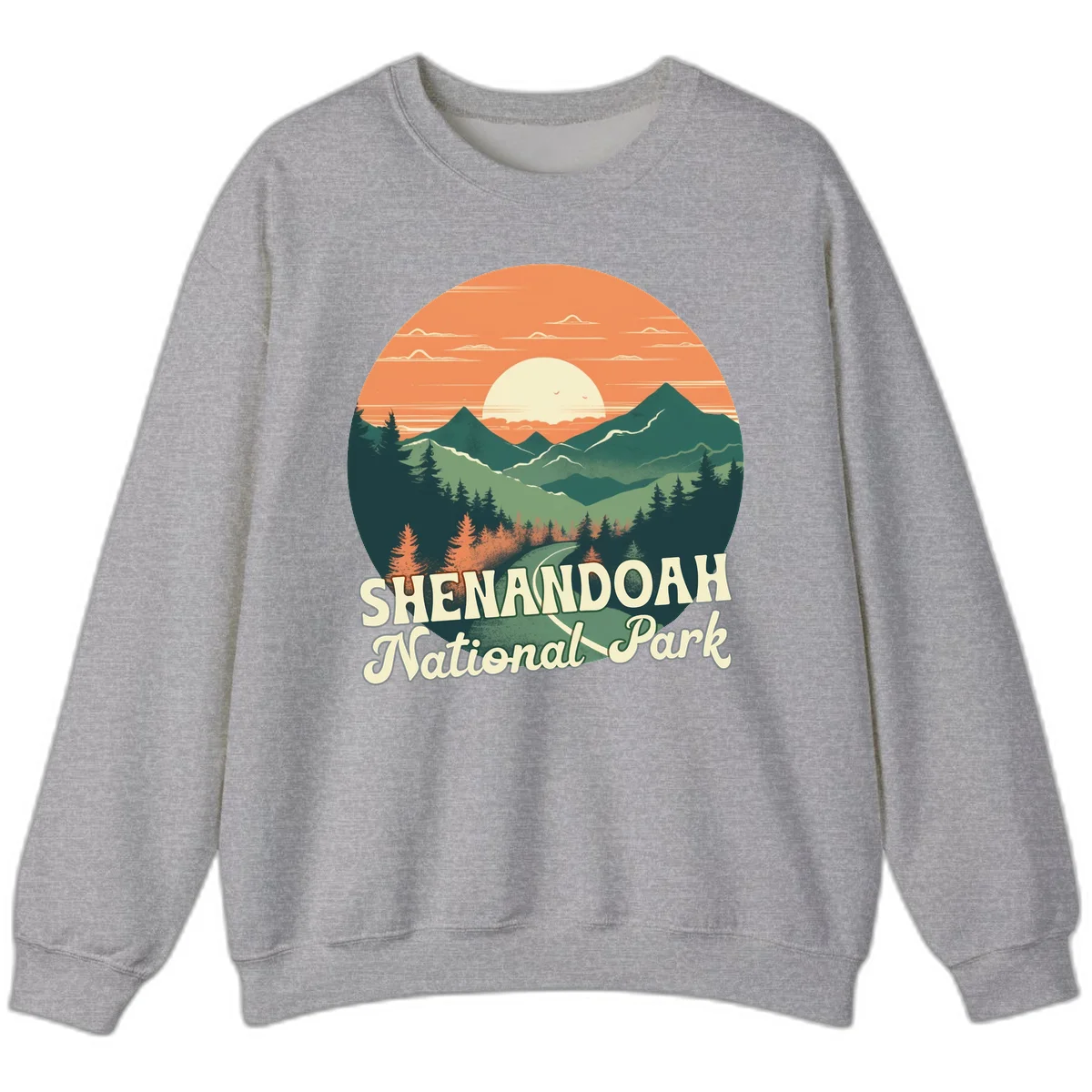 Vintage-style illustration of Shenandoah National Park with layered mountains, evergreen forests, and a large orange sunset sky with text reading Shenandoah National Park. in Sport Grey