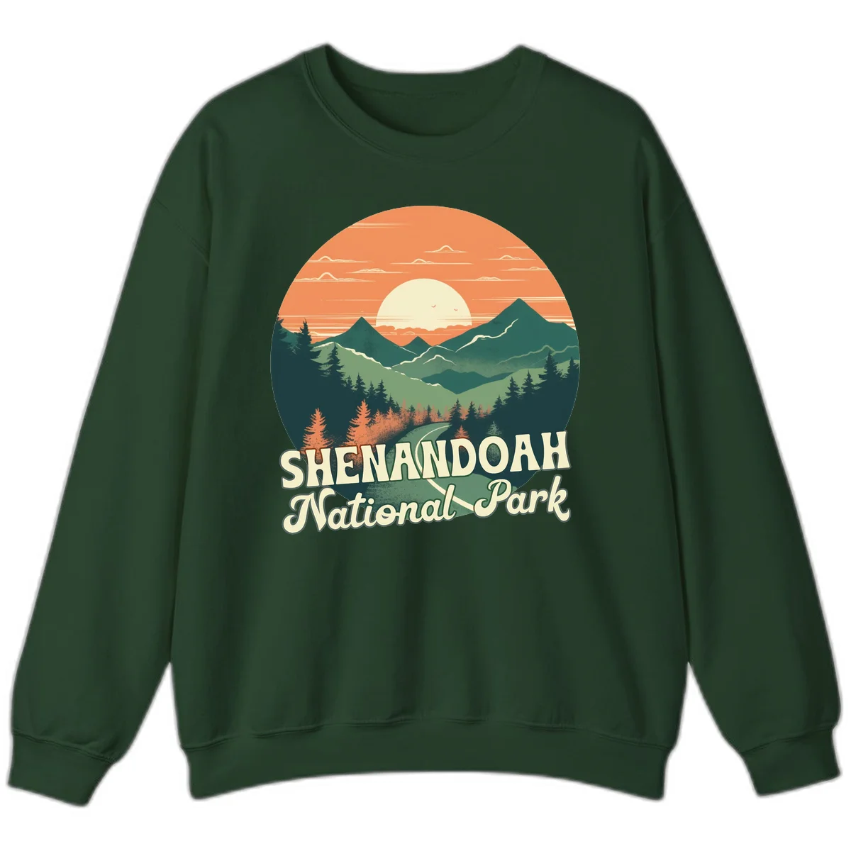 Vintage-style illustration of Shenandoah National Park with layered mountains, evergreen forests, and a large orange sunset sky with text reading Shenandoah National Park. in Forest Green
