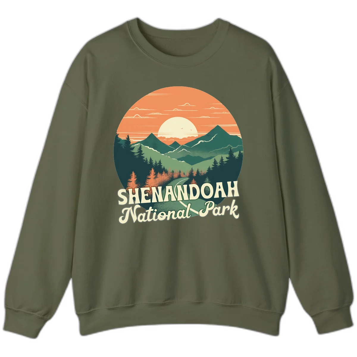 Vintage-style illustration of Shenandoah National Park with layered mountains, evergreen forests, and a large orange sunset sky with text reading Shenandoah National Park. in Military Green