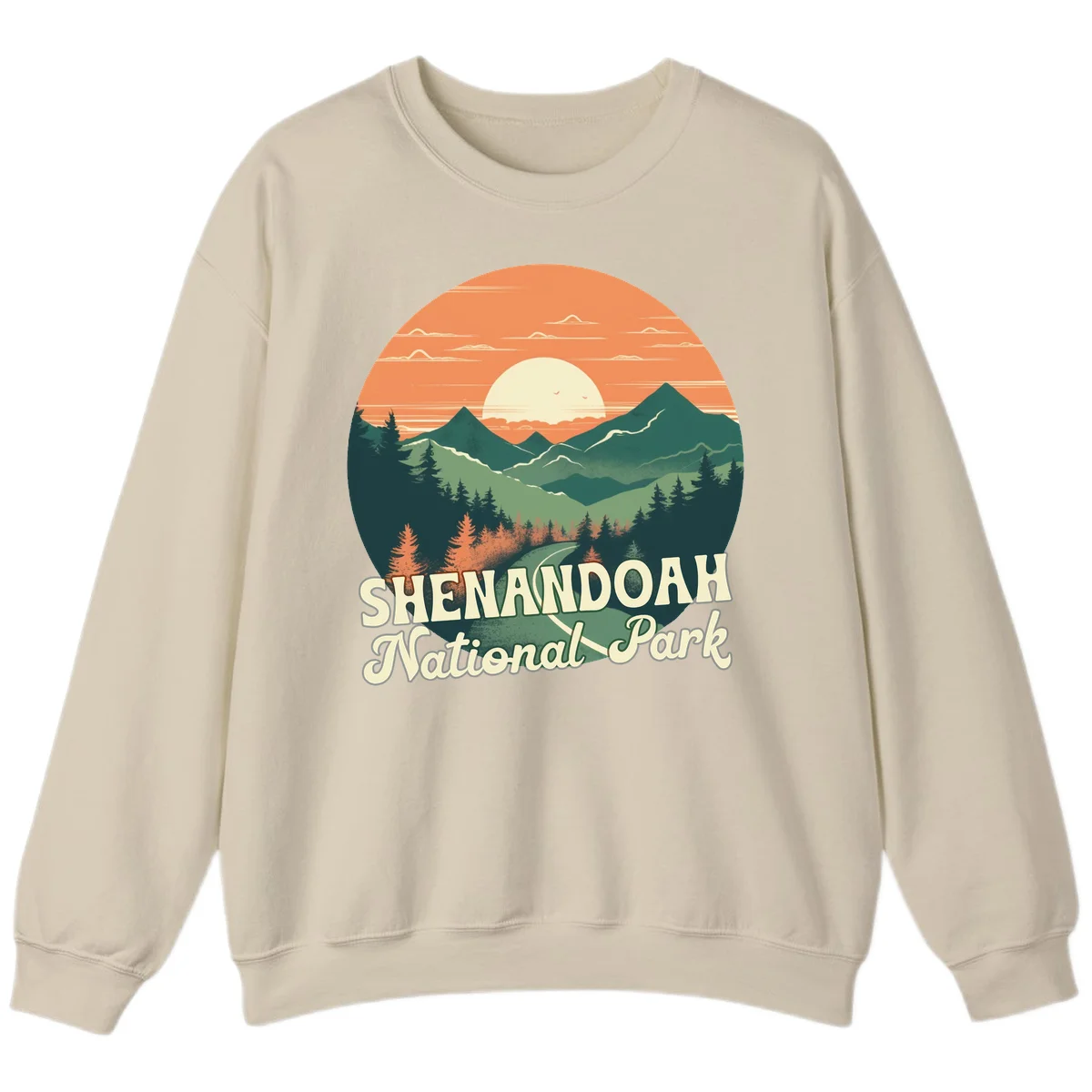 Vintage-style illustration of Shenandoah National Park with layered mountains, evergreen forests, and a large orange sunset sky with text reading Shenandoah National Park. in Sand