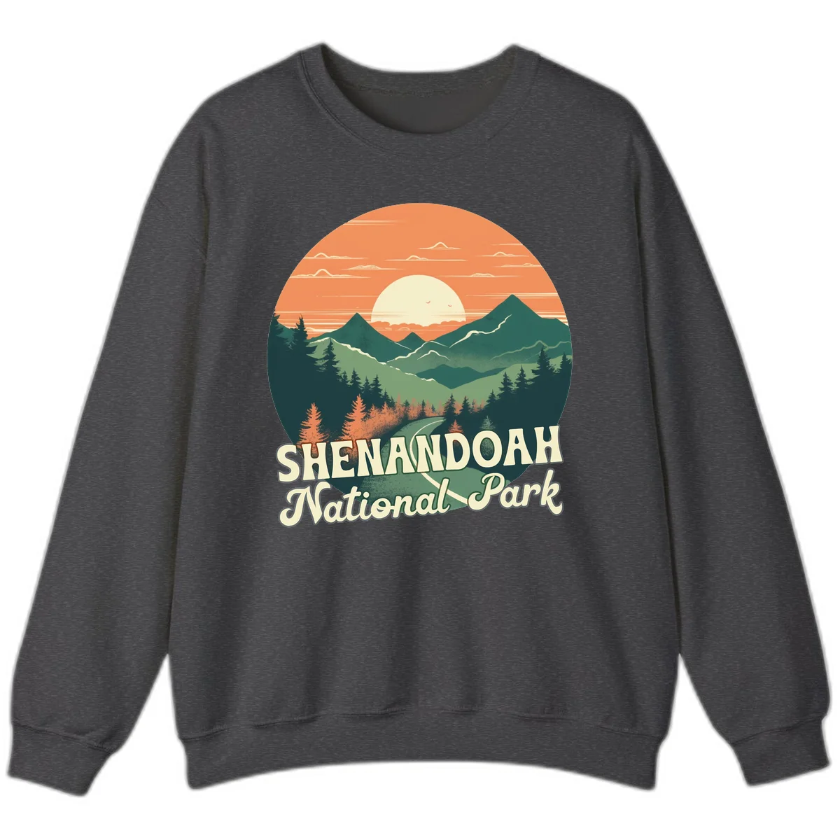 Vintage-style illustration of Shenandoah National Park with layered mountains, evergreen forests, and a large orange sunset sky with text reading Shenandoah National Park. in Dark Heather
